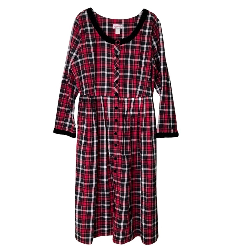 Lanz of Salzburg 100% Cotton Nightgown Dress Red Black Plaid Black Trim Size 1X - Picture 1 of 14